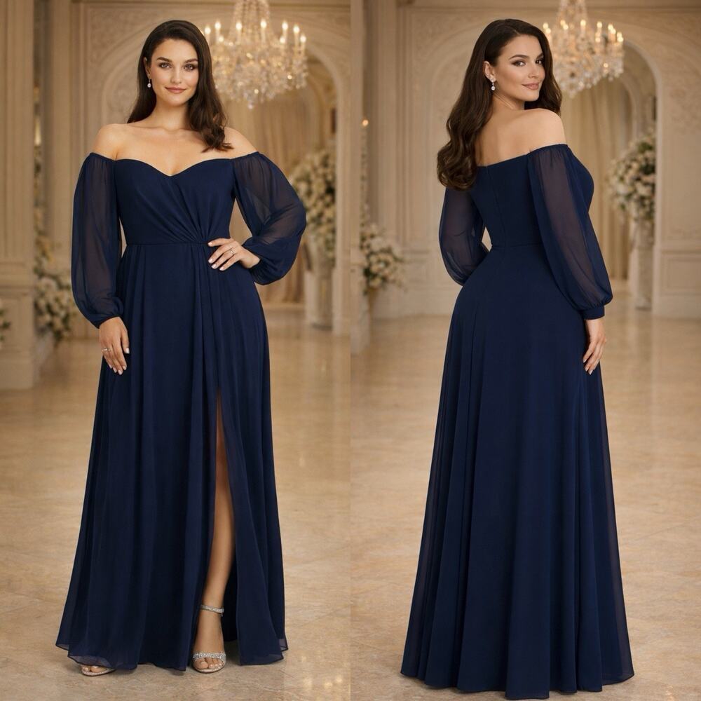 Dessy Collection Convertible Neck Long Sleeve Chiffon Gown 16R Navy Bridesmaid